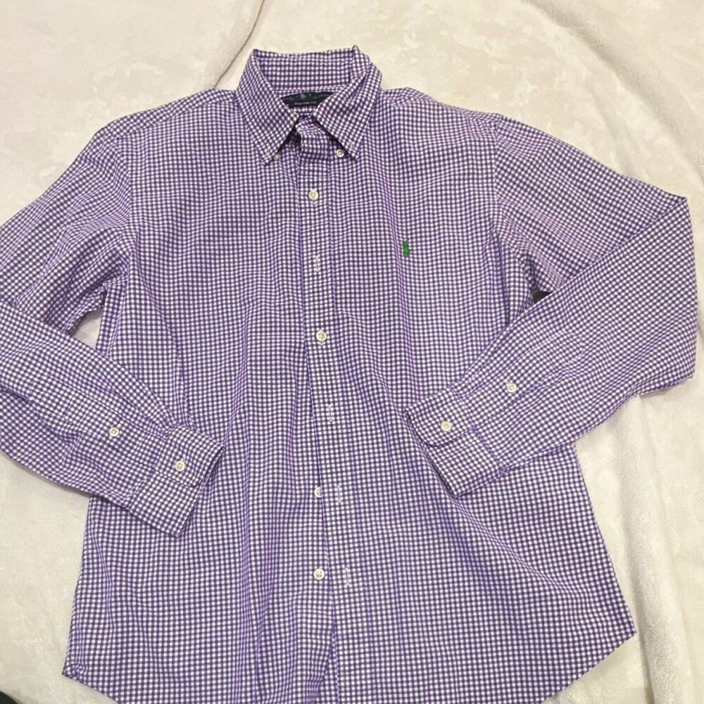 Ralph Lauren Men's M Regular Purple White Check Long Sleeve Custom Fit Button-Up